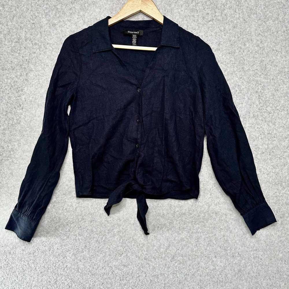 Ellen Tracy Womens Navy Blue Tie Button Front Shirt Top Size XS Linen New